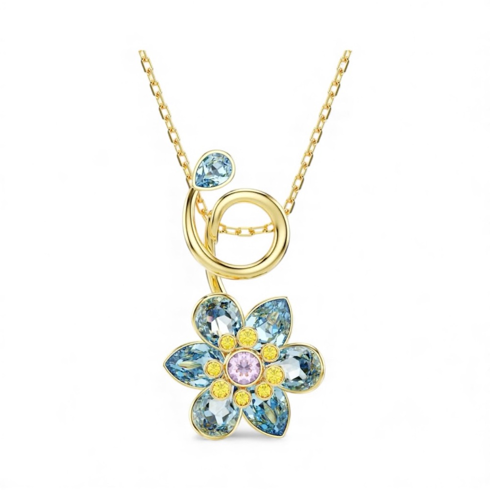Swarovski Idyllia pendant Mixed cuts, Flower, Blue, Gold-tone plated NEW in box